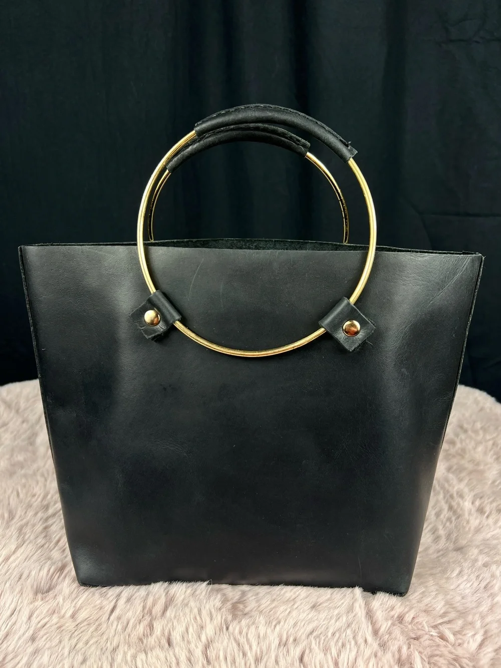 Tribe Alive Leather Luxe Black Genuine Leather Ring-Handle Handbag
